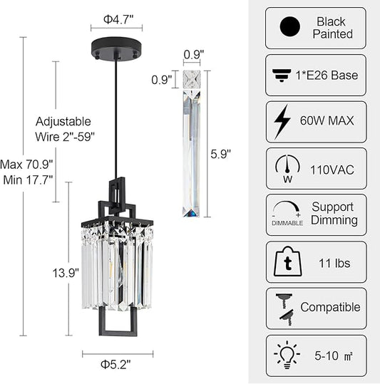 Modern Black Pendant Light Fixtures for Kitchen Island and Dining Room, Industrial Small Hanging Crystal Chandelier Light Fixture for Bedroom Entryway Living Room Foyer Hallway 3-Pack