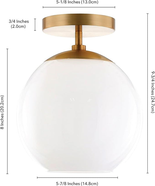 Henn&Hart 9" Semi-Flush Mount Ceiling Light Fixture with White Milk Glass Globe Shade for Entryway, Bedroom, Bathroom, Kitchen or Closet, Gold