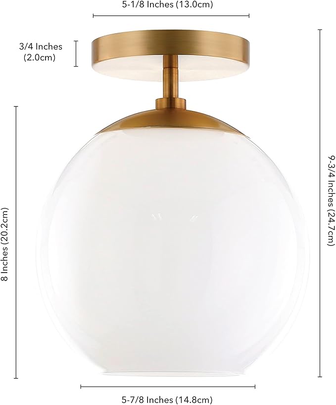 Henn&Hart 9" Semi-Flush Mount Ceiling Light Fixture with White Milk Glass Globe Shade for Entryway, Bedroom, Bathroom, Kitchen or Closet, Gold
