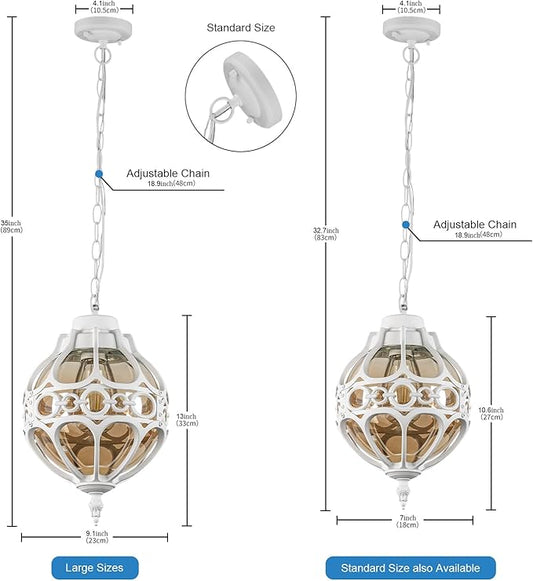 Retro Globe Outdoor Pendant Lights, White Aluminum Waterproof Hanging Light Fixture for Porch Entryway Hallway, Vintage Round Exterior Chandelier, Outside Pendant Lamp with Amber Glass