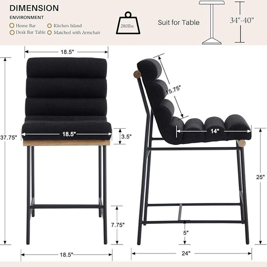 Black Linen Bar stools Set of 2, 25” Modern Upholstered Counter Stools with Black Metal Legs, Armless Counter Height Barstools with Channel Tufted Back for Kitchen Island Home Pub