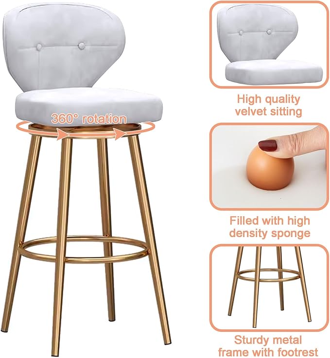 Counter Height stools Set of 2, 360° s with Back and Footrest, Thickened Upholstered Cushion, Tall Chairs for Kitchen Island, Dining Room, Home, Cafe,White-Sitting Height 75cm