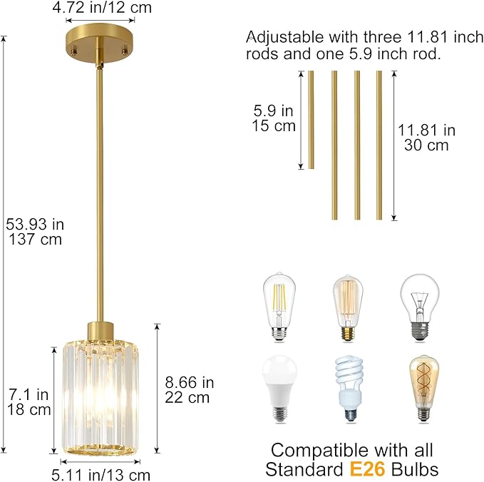 2 Pack Gold Pendant Lights for Kitchen Island, Modern Crystal Kitchen Hanging Light Fixtures, Mini Crystal Pendant Lights for Kitchen, Dining Room, Hallway, Foyer, Entryways