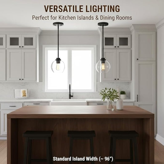 Globe Pendant Light – 7 Inch Clear Glass Modern Hanging Fixture, Black Finish Adjustable Height & Sloped Ceiling Compatible for Kitchen Island Dining Room Bedroom Hallway Farmhouse, 1 Pack