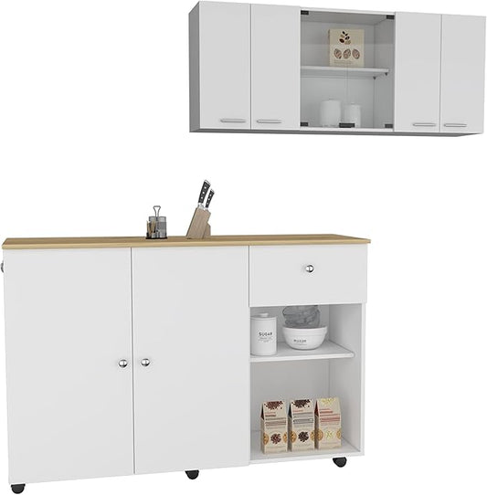 GOWE 2 Piece Kitchen Set, Kitchen Island Cart + 150 Wall Cabinet Glass, White/Light Oak