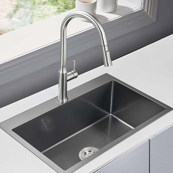 28 x 18 Inch Drop in Kitchen Sink Single Faucet Hole, 18 Gauge 304 Stainless Steel Handmade Single Bowl Topmount Kitchen Sink, Black