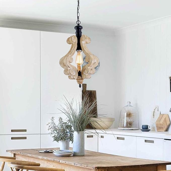 Kitchen Light Fixtures,Farmhouse Pendant Light Single Adjustable Rustic Wooden Hanging Island Chandelier