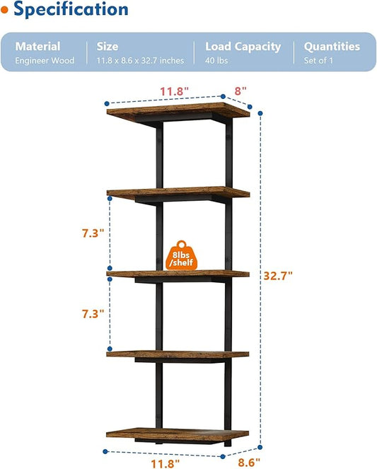Harwaya 5 Tier Wall Bookshelf Unit for Bedroom Books, Large Floating Book Shelves Wall Mounted, Rustic Wood Lack Tiered Hanging Shelf for Kitchen Office Living Room Corner (Dark Brown)