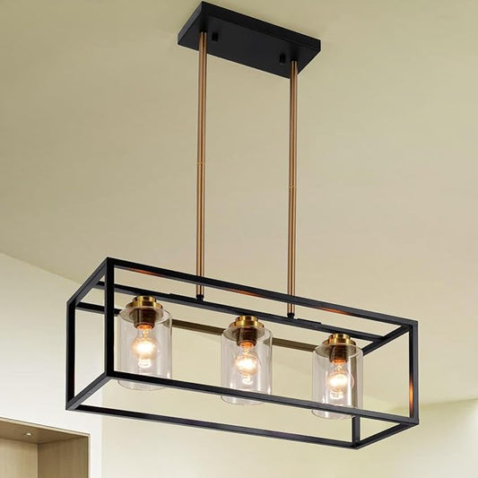 Black Farmhouse Kitchen Island Lighting, Modern Industrial Chandelier, 3-Light Linear Rectangular Pendant Light Fixtures for Farmhouse Kitchen Dining Room Bar Foyer(Metal, Height Adjustable)