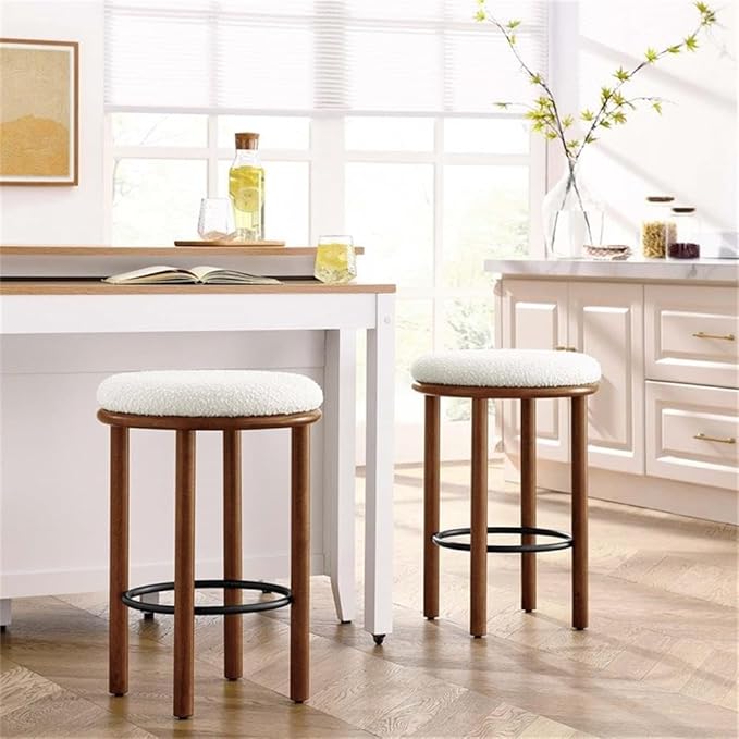 Modway Fable 26 Inch Backless Counter Stools Set of 2 in Walnut Ivory - Kitchen Stools Counter Height - 2Pcs Upholstered Padded Boucle Seat for Kitchen Counter or Island with Wood Legs and Footrest