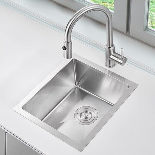 POPFLY 15x17 Inch Undermount Sink, 18 Gauge 304 Stainless Steel Single Bowl Kitchen Bar Prep Sink Handmade Small 6 Inches Deep, Brushed Sinks