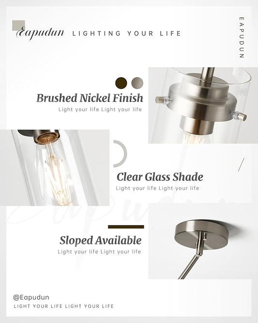 EAPUDUN Pendant Light Fixtures, Brushed Nickel Finish Kitchen Lights Ceiling, Clear Glass Pendant Lights Kitchen Island-PDA1353-A-BNK