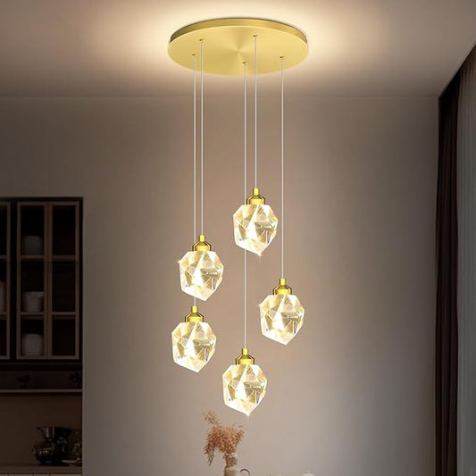 5-Light Gold Crystal Drop Pendant Light, Kitchen Island Hanging Light Fixtures, Modern Solid Clear Crystal Chandelier for Dining Room Living Room Foyer