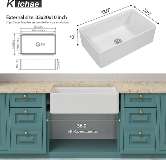 White Farmhouse Sink Fireclay Workstation Apron Front Farmer Kitchen Sink 33"x20" Undermount Single Bowl Kitchen Sink with Accessories