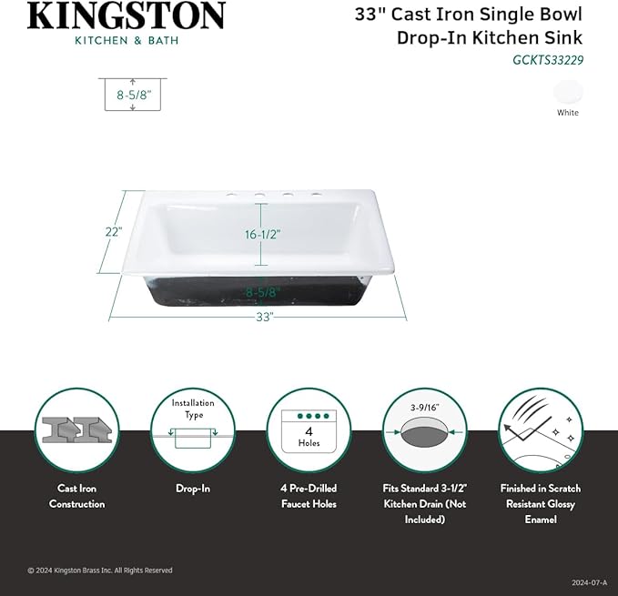 Gourmetier GCKTS33229 Towne 33-Inch Cast Iron Drop-In Kitchen Sink, 4-Hole, White