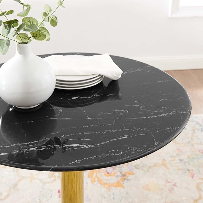 Modway Verne Round Artificial Marble 28" Dining Table in Gold Black