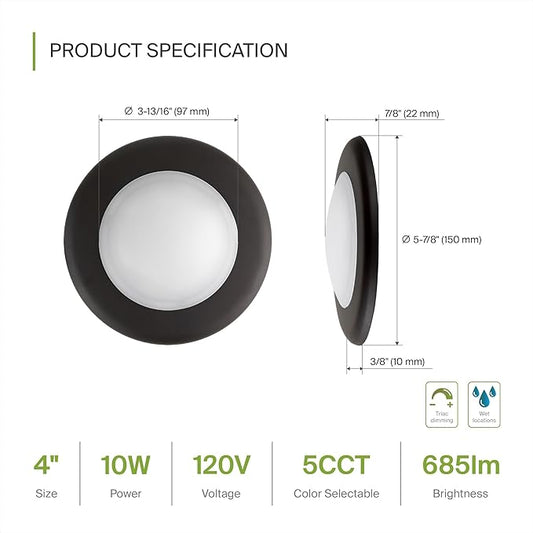 ASD 12 Pack LED Disk Lights 4 Inch, 10W 5CCT 2700K-5000K 685LM CRI90+, Dimmable Flush Mount Ceiling Light Fixture, Low Profile Surface Mount Disc, Junction Box or Recessed Can Install, UL