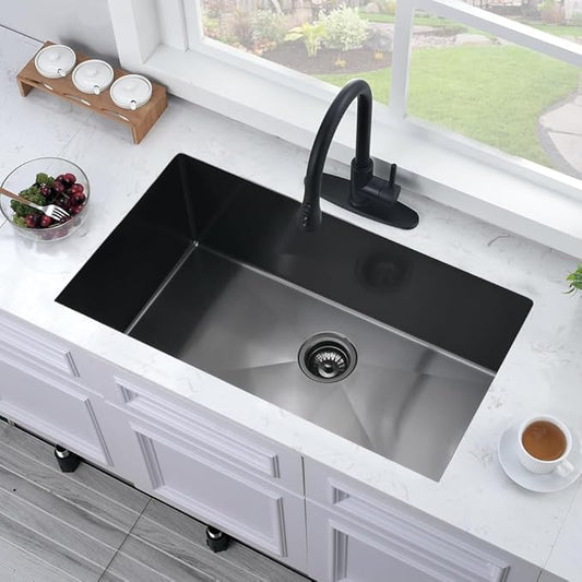 32 Inch Black Undermount Sink -Bokaiya 32x19 Undermount Kitchen Sink Deep Stainless Steel 18 Gauge Single Bowl Black Kitchen Sinks with Colander