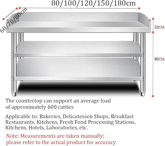 Kitchen Preparation Table Stainless Steel Worktop with Three-Sided Splashback, Stainless Steel Dining Table Grill, Adjustable Legs, 2/3-Tier Kitchen Preparation Table,Bl120×w60×h80cm