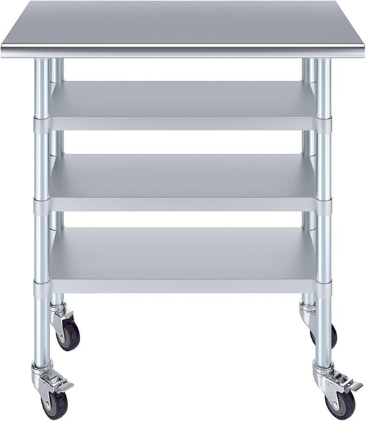 AmGood Stainless Steel Work Table with 3 Shelves and Casters | Kitchen Island Food Prep | Laundry Garage Utility Bench | NSF Certified (36" Long x 18" Deep)