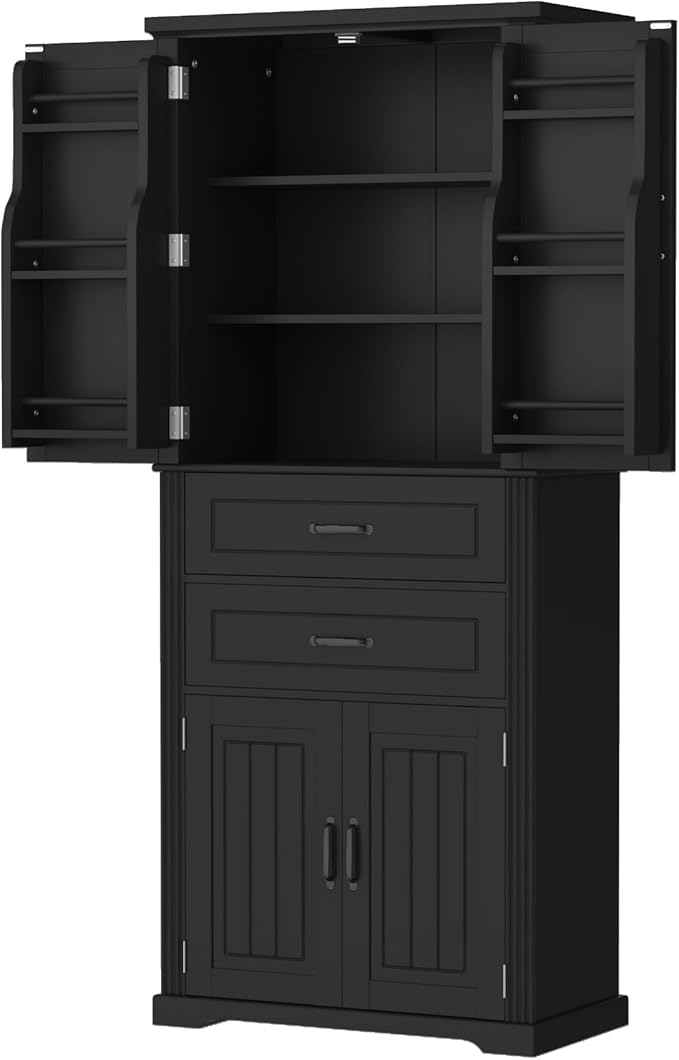 Merax 72.5" Tall Kitchen Pantry Storage Cabinet, Farmhouse Freestanding Large Cupboard with Two Drawers, Bathroom Cabinet with Adjustable Shelves, 6 Door-Shelf for Dining Room, Black