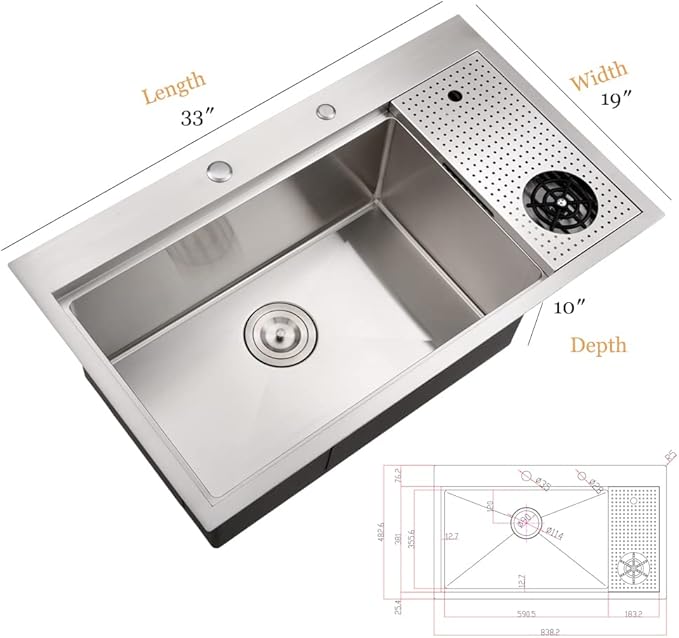 33 Inch Drop In Kitchen Sink with Cup Washer Workstation-Bokaiya 33x19 Stainless Steel Drop In Sink Ledge Workstation 16 Gauge Deep Top Mount Single Bowl Kitchen Sink