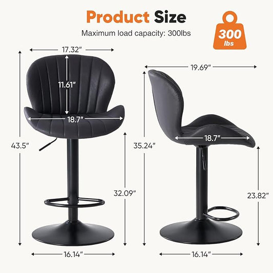 Sweetcrispy Bar Stools Set of 2, Modern Swivel Bar Chairs, Adjustable Fabric Upholstered Barstools Counter Height with Backrest for Bar, Kitchen Island, Dining Room, Black