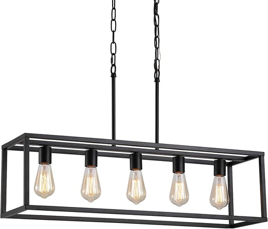 AMZASA Black Rectangle Kitchen Island Lights Rectangular Modern Industrial Chandelier for Dining Room 5 Lights Linear Vintage Cage Light Fixtures UL Listed