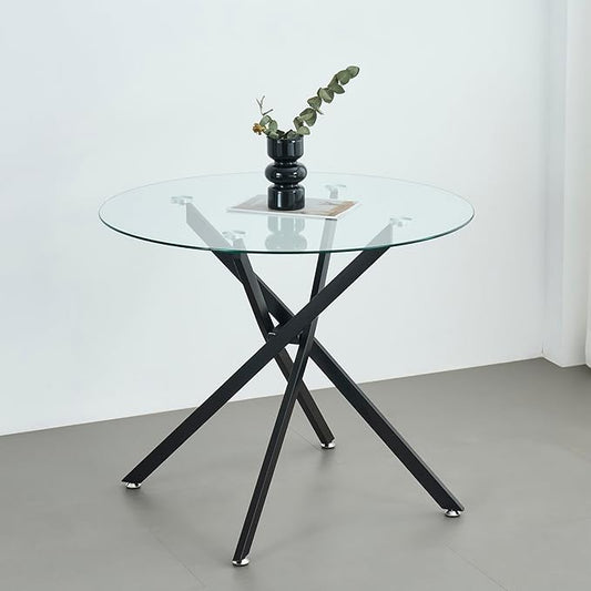 Round Glass Dining Table,Glass Dining Room Table with Metal Legs, Modern Glass Kitchen Table for Home, Kitchen, Dining Room