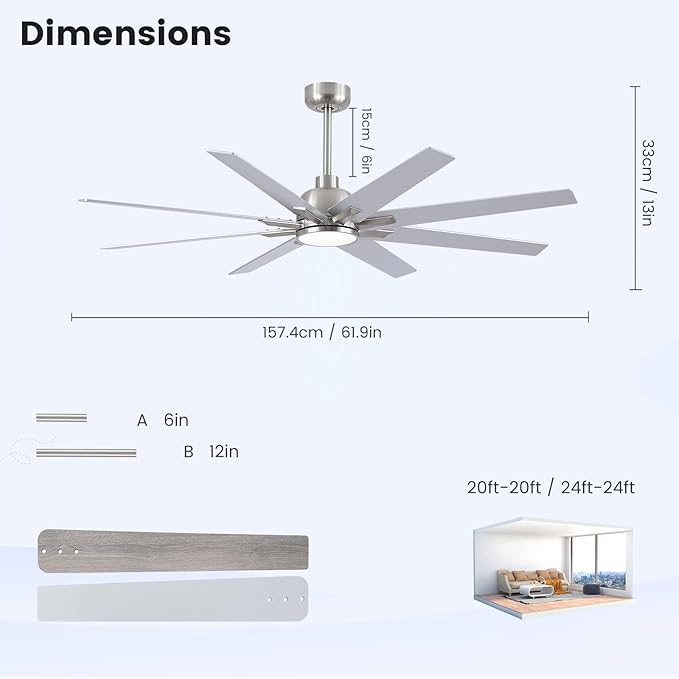 Newday 62 inch Brushed Nickel Ceiling Fan with Light & Remote, Indoor/Outdoor 8-Blade Fan, 6-Speed Silent Reversible DC Motor, 3CCT LED, Timer, 2 Downrods for Living Room/Patio