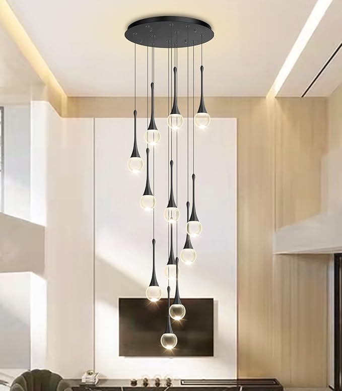 12 Light High Ceiling Crystal Chandelier Dimmable LED Pendant Lights with Remote Adjustable Chandeliers for Foyer Staircase Living Room Black