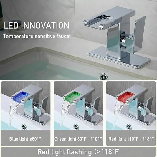 AVSIILE LED Bathroom Sink Faucet, Chrome Waterfall Single Hole Handle Vanity Faucets for Sinks 1 Hole with Metal Pop Up Drain and 2 Water Supply Lines, Side Handle