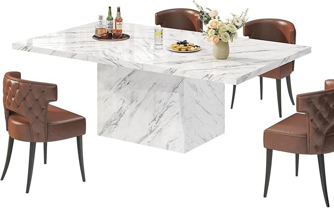 HSH White Faux Marble Dining Table, 63 inch Modern Dinner Table for 6 people, Farmhouse Rectangle Kitchen Table for Living Room, Large Wood Dining Room Tables with strong Pedestal, White Marble, 63 In
