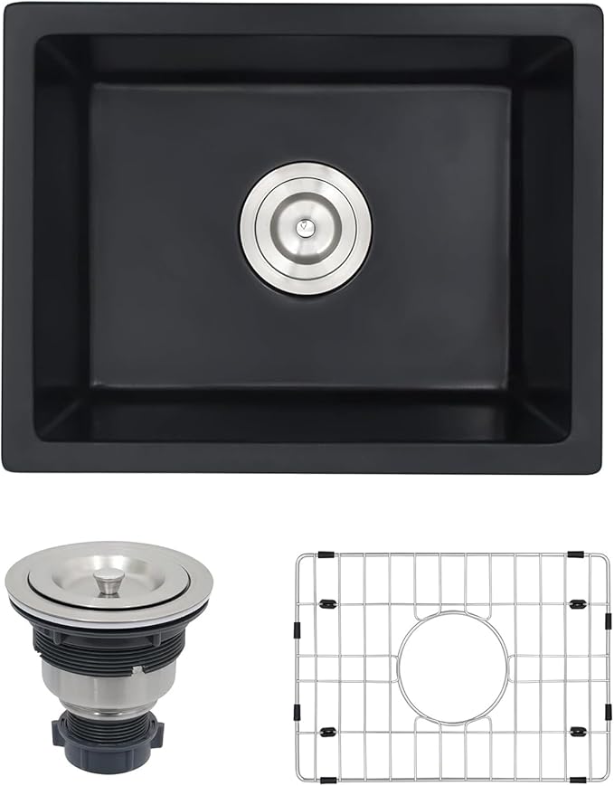 Black Bar Sink 18 x 14, Matte Black Granite Composite Undermount Kitchen Sinks, 18 Inch Quartz Stone Kitchen Sink With Sink Drain Assembly and Sink Bottom Grid