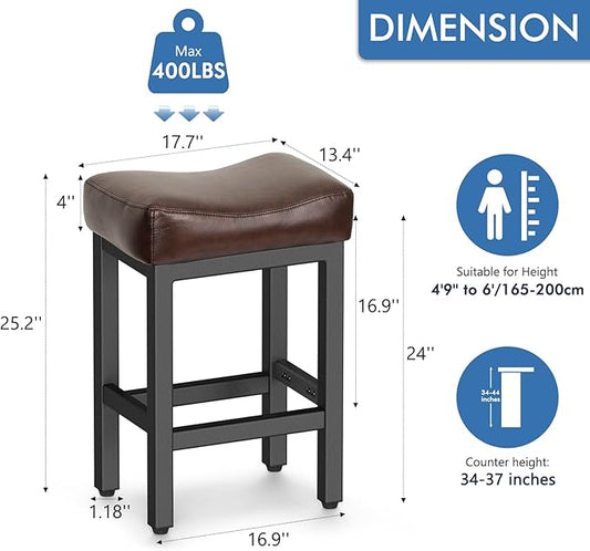 Raynesys Counter Height Bar Stools Set of 3, 24 Inch Barstools for Kitchen Island Counter, Bonded Leather Kitchen Stools with Thick Saddle Seats & Heavy Duty Metal Base, Easy Assembly, Brown/Black
