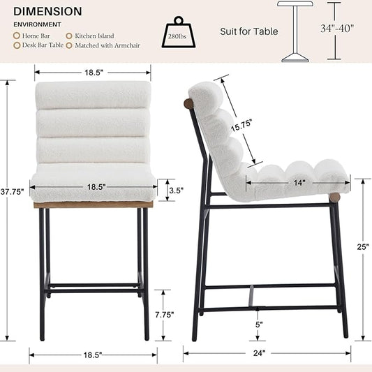 White Boucle Bar stools Set of 2, 25” Modern Upholstered Counter stools with Black Metal Legs, Sherpa Counter Height Chairs for Kitchen Island Armless Stool with Channel Tufted Back