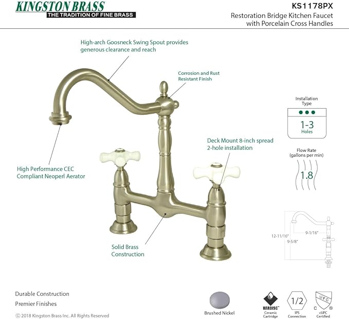 Kingston Brass KS1178PX Heritage 8-Inch Kitchen Faucet Without Sprayer, Brushed Nickel