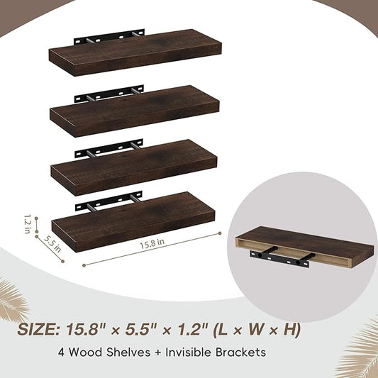 Lufia Floating Wall Shelves, Set of 4, MDF with Invisible Brackets, Modern Storage for Bedroom, Bathroom, Living Room, Kitchen (Rustic Brown, 15.8" W x 5.5" D x 1.2" H)