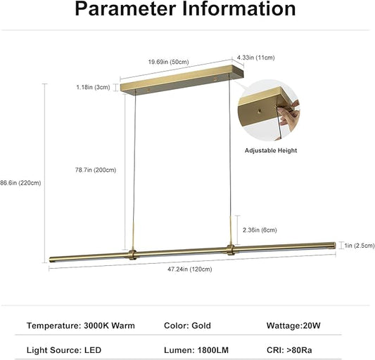 EDISLIVE Modern Linear LED Island Light Dimmable LED Chandelier 47.24 in Adjustable Linear Hanging Light Fixture 3000K 20W Pendant Light for Dinning Room Kitchen,Gold