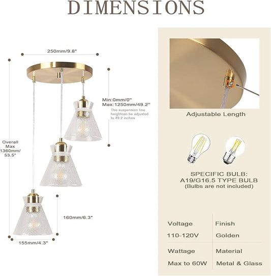 Gold Kitchen Island Pendant Light, 3-Light Farmhouse Chandelier with Seeded Glass Shades, Adjustable Hanging Light for Dining Room,Bedroom