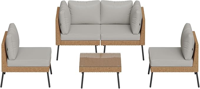 Aoxun Patio Furniture Set, 5 Piece Outdoor Sectional Sofas with Thick Cushion, Wicker Outdoor Patio Furniture Set with Coffee Table for Party, Garden, Backyard, Grey