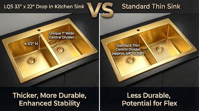 LQS Gold Kitchen Sink 33x22, 33 Inch Drop In Kitchen Sink Double Bowl, Handmade Deep & Large Stainless Steel Kitchen Sink with Low-Divider