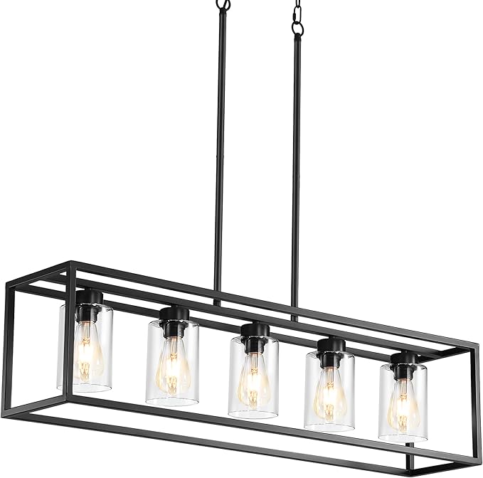 Black 5-Light Dining Room Light Fixture, Modern Farmhouse Chandeliers, Linear Rectangular Kitchen Island Lighting, Industrial Vintage Pendant Lighting with Clear Glass Shade Height Adjustable