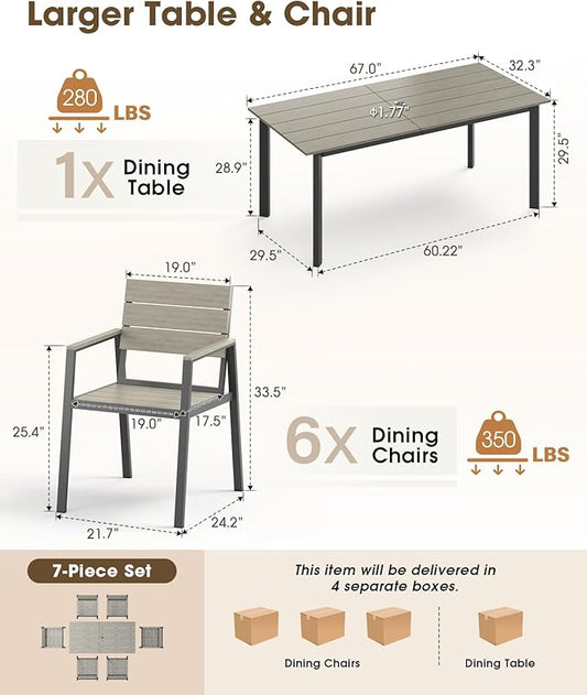 Outdoor Dining Set for 6, Aluminum Patio HDPS Outdooor Table and Chairs Set with Umbrella Hole, All Weather Patio Furniture Set, 7 Peice Patio Dining Table Set (Classic Gray)