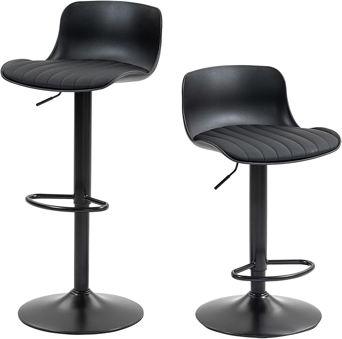 Bar Stools Set of 2 PU Leather Counter Height Bar stools with Back, Height Adjustable Swivel Kitchen Island Chairs, Armless, Large Base Black