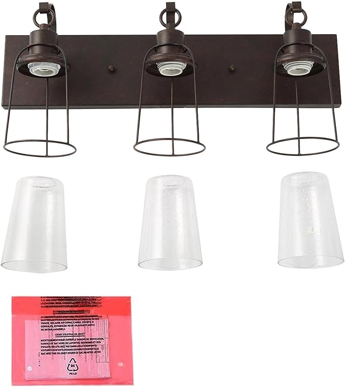 LALUZ Farmhouse Rusty Bathroom Light Fixtures, 3-Light Vanity Lights with Seeded Glass Shade Over Mirror