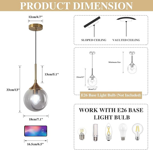 KCO Lighting Modern Gold Pendant Light 1-Light Large Globe Pendant Lights Set of Two Smoke Gray Glass Ball Pendant Light Fixture Dining Room Pendant Lamps Ceiling Hanging (2-Pack)