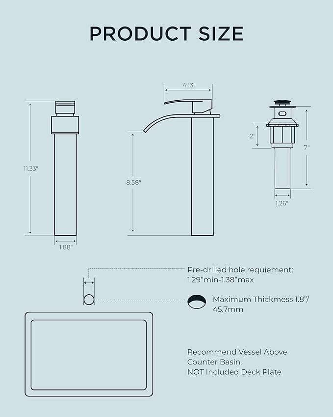 FORIOUS Waterfall Bathroom Vessel Sink Faucets with Metal Pop up Drain and Lead-Free cUPC Hose, Mate Black Single Handle Tall Bathroom Faucet 1 Hole, 11inch for Bath,Vessel