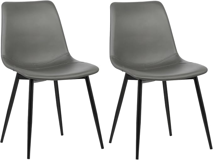 Armen Living Monte Mid Century Modern Dining Accent Chair for Table Kitchen Desk Vanity in Charcoal Gray Faux Leather with Black Metal Legs, Set of 2