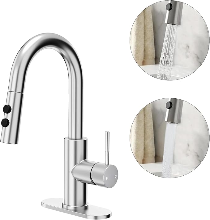 Fransiton Bathroom Faucets with Pull Down Sprayer, Bar Sink Faucet Single Hole for Kitchen Campers with Pop-Up Drain Hose, Suitable for Farmhouse Vanity Lavatory